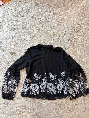 White House Black Market Black Floral Bell Sleeve Top